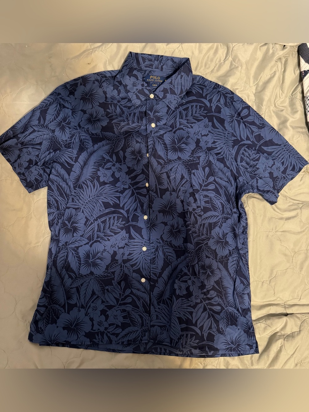Vintage Polo Ralph Lauren Hawaiian Shirt Men's XL Slim Fit Blue Tropic Floral